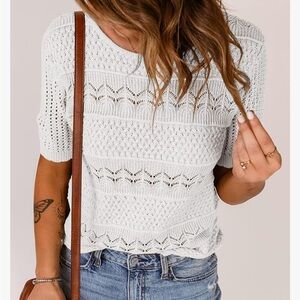 Women’s Scoop Neck Open Knit Sweater Tee - White